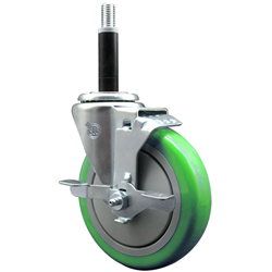 Service Caster 3/4 inch expanding stem 316 stainless steel swivel caster with a 5 inch green polyurethane wheel and a brake. Featuring stainless steel components, these casters are ideal for any equipment with round or square tube legs.