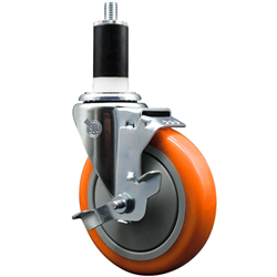 Service Caster 1-3/8 inch expanding stem 316 stainless steel swivel caster with a 5 inch orange polyurethane wheel and a brake. Featuring stainless steel components, these casters are ideal for any equipment with round or square tube legs.