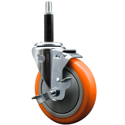 Service Caster 3/4 inch expanding stem 316 stainless steel swivel caster with a 5 inch orange polyurethane wheel and a brake. Featuring stainless steel components, these casters are ideal for any equipment with round or square tube legs.