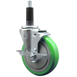 Service Caster 1 inch expanding stem 316 stainless steel swivel caster with a 5 inch green polyurethane wheel and a brake. Featuring stainless steel components, these casters are ideal for any equipment with round or square tube legs.