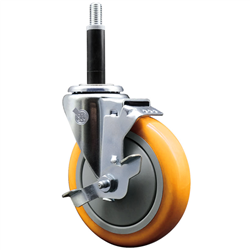 Service Caster 3/4 inch expanding stem 316 stainless steel swivel caster with a 5 inch yellow polyurethane wheel and a brake. Featuring stainless steel components, these casters are ideal for any equipment with round or square tube legs.