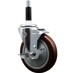 Service Caster swivel caster with a 5 inch Maroon polyurethane wheel. These casters are ideal for work tables, shop projects, and any equipment with round or square tube legs.