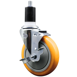 Service Caster 1-1/2 inch expanding stem 316 stainless steel swivel caster with a 5 inch yellow polyurethane wheel and a brake. Featuring stainless steel components, these casters are ideal for any equipment with round or square tube legs.