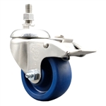 Service Caster #20 Series 10mm threaded stem Grade 316 stainless steel swivel casters with 3-1/2 inch solid blue polyurethane wheel and total lock provide a washable caster solution.