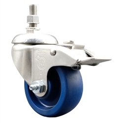 Service Caster #20 Series 10mm threaded stem Grade 316 stainless steel swivel casters with 3-1/2 inch solid blue polyurethane wheel and total lock provide a washable caster solution.