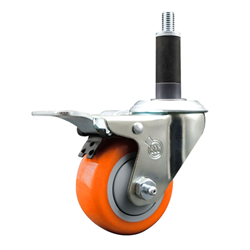 Service Caster 1 inch expanding stem 316 stainless steel swivel caster with a 3 inch orange polyurethane wheel and a total lock brake. Featuring stainless steel components, these casters are ideal for any equipment with round or square tube legs.