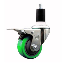 Service Caster 1-1/2 inch expanding stem 316 stainless steel swivel caster with a 3 inch green polyurethane wheel and a total lock brake. Featuring stainless steel components, these casters are ideal for any equipment with round or square tube legs.