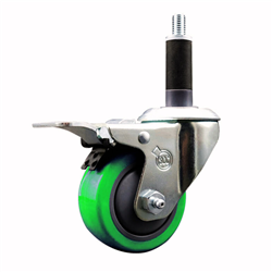 Service Caster 1 inch expanding stem 316 stainless steel swivel caster with a 3 inch green polyurethane wheel and a total lock brake. Featuring stainless steel components, these casters are ideal for any equipment with round or square tube legs.