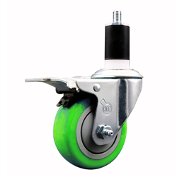 Service Caster 1-1/4 inch expanding stem 316 stainless steel swivel caster with a 3 inch green polyurethane wheel and a total lock brake. Featuring stainless steel components, these casters are ideal for any equipment with round or square tube legs.