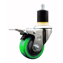 Service Caster 1-7/8 inch expanding stem 316 stainless steel swivel caster with a 3 inch green polyurethane wheel and a total lock brake. Featuring stainless steel components, these casters are ideal for any equipment with round or square tube legs.