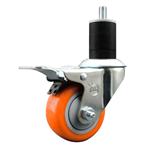 Service Caster 1-3/4 inch expanding stem 316 stainless steel swivel caster with a 3 inch orange polyurethane wheel and a total lock brake. Featuring stainless steel components, these casters are ideal for any equipment with round or square tube legs.