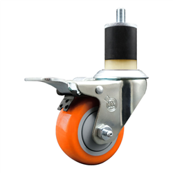 Service Caster 1-7/8 inch expanding stem 316 stainless steel swivel caster with a 3 inch orange polyurethane wheel and a total lock brake. Featuring stainless steel components, these casters are ideal for any equipment with round or square tube legs.