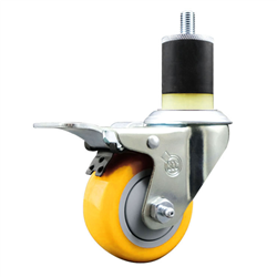 Service Caster 1-7/8 inch expanding stem 316 stainless steel swivel caster with a 3 inch yellow polyurethane wheel and a total lock brake. Featuring stainless steel components, these casters are ideal for any equipment with round or square tube legs.