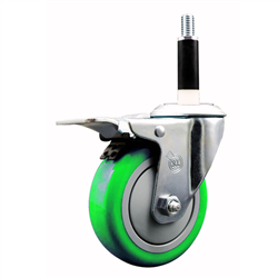 Service Caster 7/8 inch expanding stem 316 stainless steel swivel caster with a 4 inch green polyurethane wheel and a total lock brake. Featuring stainless steel components, these casters are ideal for any equipment with round or square tube legs.