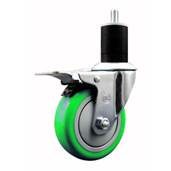 Service Caster 1-3/4 inch expanding stem 316 stainless steel swivel caster with a 4 inch green polyurethane wheel and a total lock brake. Featuring stainless steel components, these casters are ideal for any equipment with round or square tube legs.