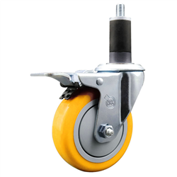 Service Caster 1-1/4 inch expanding stem 316 stainless steel swivel caster with a 4 inch yellow polyurethane wheel and a total lock brake. Featuring stainless steel components, these casters are ideal for any equipment with round or square tube legs.