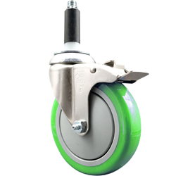 Service Caster 1 inch expanding stem 316 stainless steel swivel caster with a 5 inch green polyurethane wheel and a total lock brake. Featuring stainless steel components, these casters are ideal for any equipment with round or square tube legs.