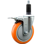 Service Caster 1-1/8 inch expanding stem 316 stainless steel swivel caster with a 5 inch orange polyurethane wheel and a total lock brake. Featuring stainless steel components, these casters are ideal for any equipment with round or square tube legs.