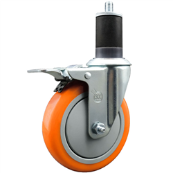 Service Caster 1-5/8 inch expanding stem 316 stainless steel swivel caster with a 5 inch orange polyurethane wheel and a total lock brake. Featuring stainless steel components, these casters are ideal for any equipment with round or square tube legs.