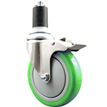 Service Caster 1-5/8 inch expanding stem 316 stainless steel swivel caster with a 5 inch green polyurethane wheel and a total lock brake. Featuring stainless steel components, these casters are ideal for any equipment with round or square tube legs.