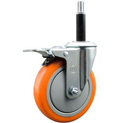 Service Caster 3/4 inch expanding stem 316 stainless steel swivel caster with a 5 inch orange polyurethane wheel and a total lock brake. Featuring stainless steel components, these casters are ideal for any equipment with round or square tube legs.