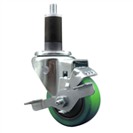 Service Caster 1-1/4 inch expanding stem  stainless steel swivel caster with a 3 inch green polyurethane wheel and a brake. Featuring stainless steel components, these casters are ideal for any equipment with round or square tube legs.