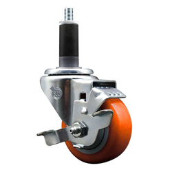 Service Caster 1-1/8 inch expanding stem  stainless steel swivel caster with a 3 inch orange polyurethane wheel and a brake. Featuring stainless steel components, these casters are ideal for any equipment with round or square tube legs.