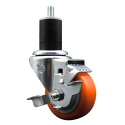 Service Caster 1-3/4 inch expanding stem  stainless steel swivel caster with a 3 inch orange polyurethane wheel and a brake. Featuring stainless steel components, these casters are ideal for any equipment with round or square tube legs.