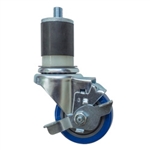 3" Expanding Stem Stainless Steel Swivel Caster with Blue Polyurethane Tread and top lock brake