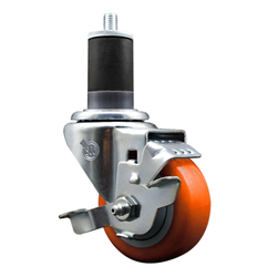 Service Caster 1-5/8 inch expanding stem  stainless steel swivel caster with a 3 inch orange polyurethane wheel and a brake. Featuring stainless steel components, these casters are ideal for any equipment with round or square tube legs.