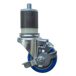 3" Expanding Stem Stainless Steel Swivel Caster with Blue Polyurethane Tread and top lock brake