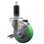 Service Caster 1-1/4 inch expanding stem  stainless steel swivel caster with a 3-1/2 inch green polyurethane wheel and a brake. Featuring stainless steel components, these casters are ideal for any equipment with round or square tube legs.