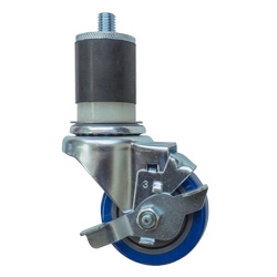 3-1/2" Expanding Stem Stainless Steel Swivel Caster with Blue Polyurethane Tread and top lock brake