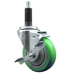 Service Caster 1 inch expanding stem  stainless steel swivel caster with a 4 inch green polyurethane wheel and a brake. Featuring stainless steel components, these casters are ideal for any equipment with round or square tube legs.