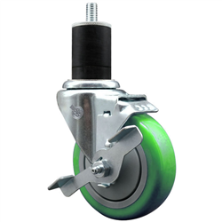 Service Caster 1-3/4 inch expanding stem  stainless steel swivel caster with a 4 inch green polyurethane wheel and a brake. Featuring stainless steel components, these casters are ideal for any equipment with round or square tube legs.