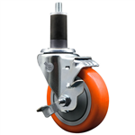 Service Caster 1-1/4 inch expanding stem  stainless steel swivel caster with a 4 inch orange polyurethane wheel and a brake. Featuring stainless steel components, these casters are ideal for any equipment with round or square tube legs.