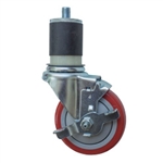 4" Expanding Stem Stainless Steel  Swivel Caster with Red Polyurethane Tread and top lock brake