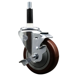 Service Caster 7/8 inch expanding stem  stainless steel swivel caster with a 4 inch maroon polyurethane wheel and a brake. Featuring stainless steel components, these casters are ideal for any equipment with round or square tube legs.