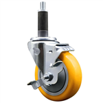 Service Caster 1 inch expanding stem  stainless steel swivel caster with a 4 inch yellow polyurethane wheel and a brake. Featuring stainless steel components, these casters are ideal for any equipment with round or square tube legs.