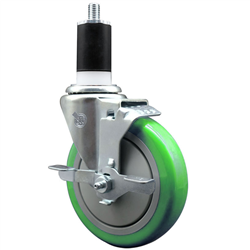 Service Caster 1-1/2 inch expanding stem  stainless steel swivel caster with a 5 inch green polyurethane wheel and a brake. Featuring stainless steel components, these casters are ideal for any equipment with round or square tube legs.