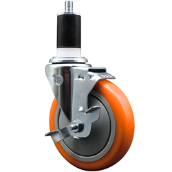 Service Caster 1-1/2 inch expanding stem  stainless steel swivel caster with a 5 inch orange polyurethane wheel and a brake. Featuring stainless steel components, these casters are ideal for any equipment with round or square tube legs.