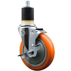 Service Caster 1-7/8 inch expanding stem  stainless steel swivel caster with a 5 inch orange polyurethane wheel and a brake. Featuring stainless steel components, these casters are ideal for any equipment with round or square tube legs.