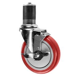 5" Expanding Stem Stainless Steel Swivel Caster with Red Polyurethane Tread and top lock brake
