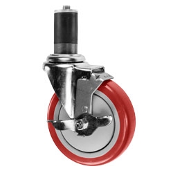 5" Expanding Stem Stainless Steel Swivel Caster with Red Polyurethane Tread and top lock brake
