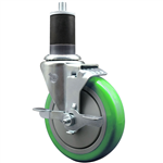 1-5/8 inch expanding stem stainless steel casters with a 5 inch green polyurethane tread wheel and brake