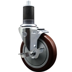1-5/8 inch expanding stem stainless steel casters with a 5 inch maroon polyurethane tread wheel and brake