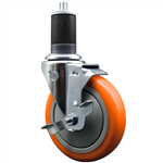 1-5/8 inch expanding stem stainless steel casters with a 5 inch orange polyurethane tread wheel and brake