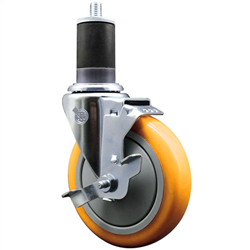 Service Caster 1-5/8 inch expanding stem  stainless steel swivel caster with a 5 inch yellow polyurethane wheel and a brake. Featuring stainless steel components, these casters are ideal for any equipment with round or square tube legs.