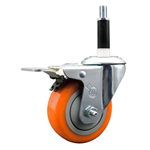 Service Caster 7/8 inch expanding stem  stainless steel swivel caster with a 3-1/2 inch orange polyurethane wheel and a total lock brake. Featuring stainless steel components, these casters are ideal for any equipment with round or square tube legs.