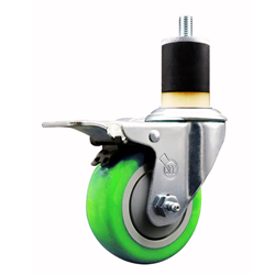 Service Caster 1-7/8 inch expanding stem  stainless steel swivel caster with a 3-1/2 inch green polyurethane wheel and a total lock brake. Featuring stainless steel components, these casters are ideal for any equipment with round or square tube legs.